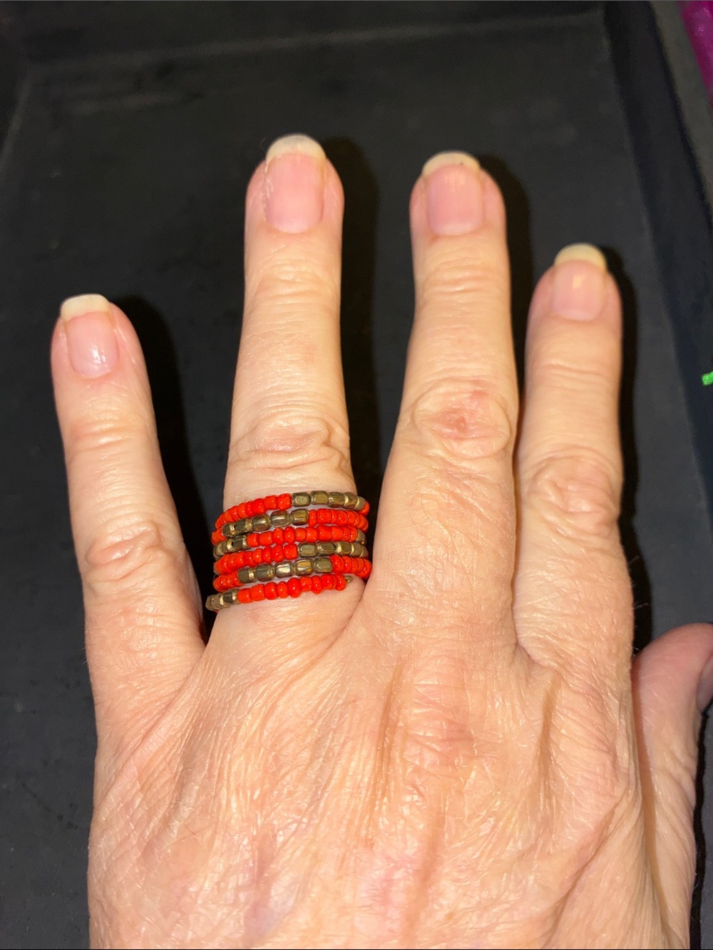 Beaded Coil Ring in Red and Bronze